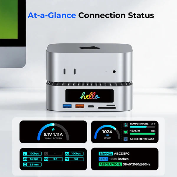 RayCue All-in-One Dock for Mac Mini M4 with Smart Display & SSD Enclosure (US Plug)-3