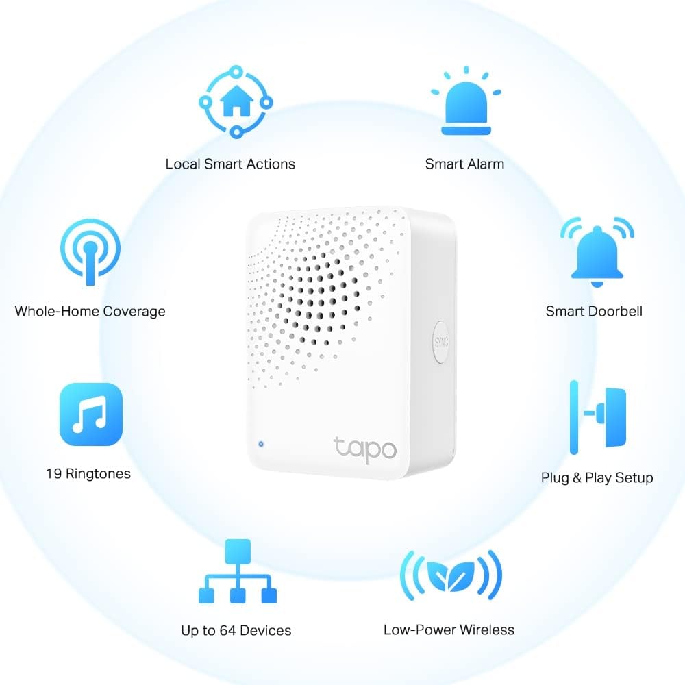 TP-Link Tapo Smart IoT Hub with Chime, Smart Home Security System, Low-Power Wireless, Long Range Connections, Smart Alarm & Doorbell, Up to 64 Devices, 19 Ringtones, Plug & Play (Tapo H100)