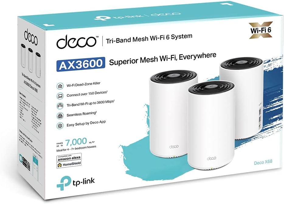 TP-Link AX3600 Whole Home AI-Driven Mesh Wi-Fi 6 System, Tri-Band with Smart Antennas, MU-MIMO, HomeShield Security, Compatible with Alexa (Deco X68(3-Pack))