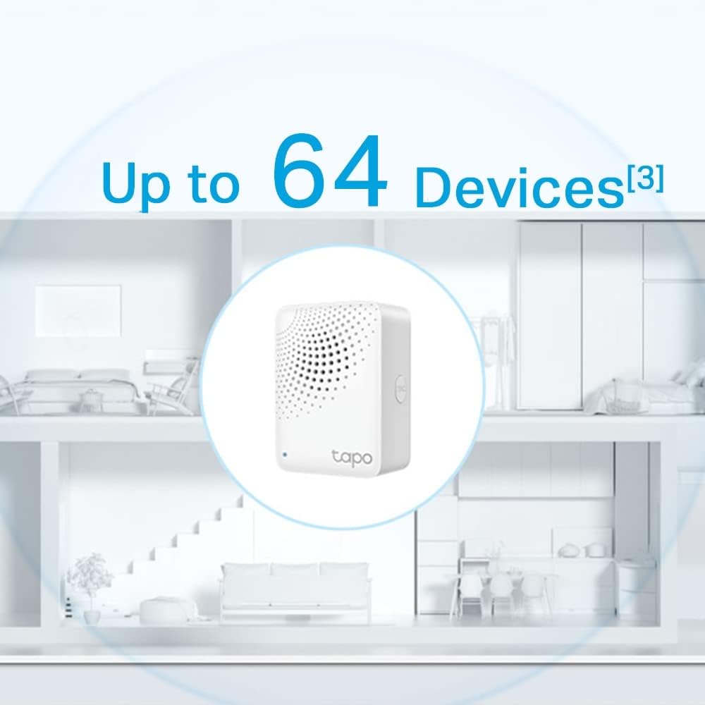 TP-Link Tapo Smart IoT Hub with Chime, Smart Home Security System, Low-Power Wireless, Long Range Connections, Smart Alarm & Doorbell, Up to 64 Devices, 19 Ringtones, Plug & Play (Tapo H100)