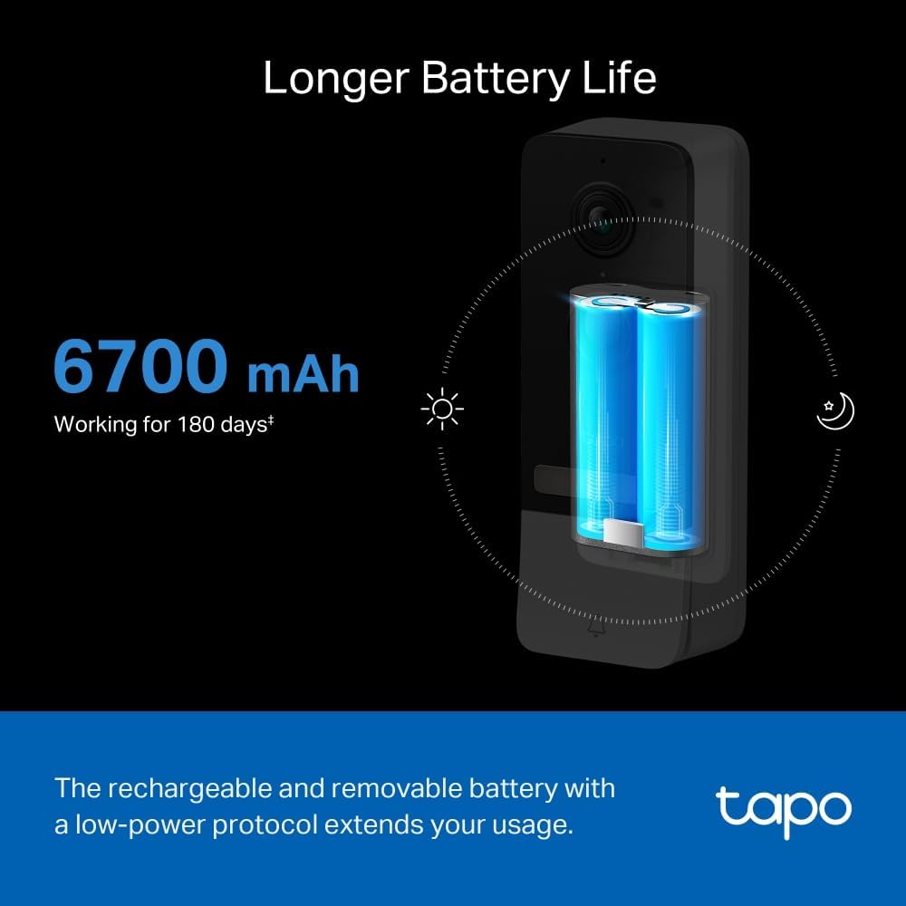 TP-Link Tapo Smart Battery Video Doorbell, Home Security System, 2K 5MP, Colour Night Vision, Flexible, Smart AI Detection, IP64, Anti-theft Alarm, Two-Way Audio, 180-Day Battery Life (Tapo D230S1)