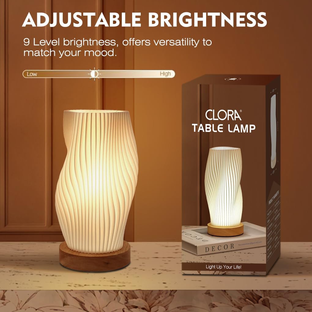 Clora Table Bedside Lamp Small LED Night Light Woodbase Button Control Atmosphere Dimmable Minimalist Nightstand Desk Lamps PLA Lampshade Living Room,Lounge,Bedroom, Kids Room,College Dorm, Home