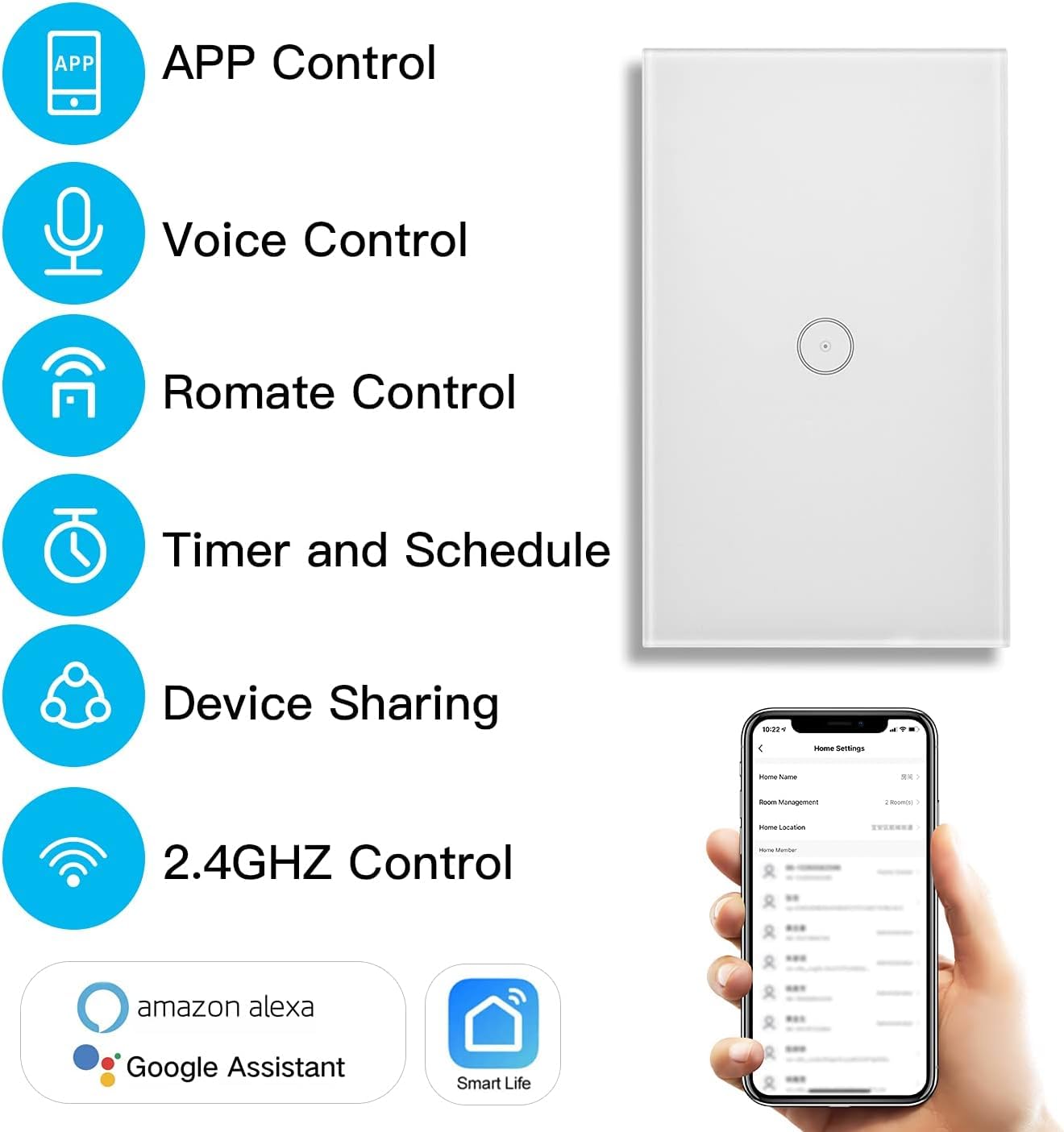 XENON Smart Light Switch, WiFi Light Switch, Touch Smart Wall Switch, WiFi Glass Panel Light Switch, Compatible with Alexa, Smart Life/Tuya Application, Remote Control (1 Way 1 Pcs)