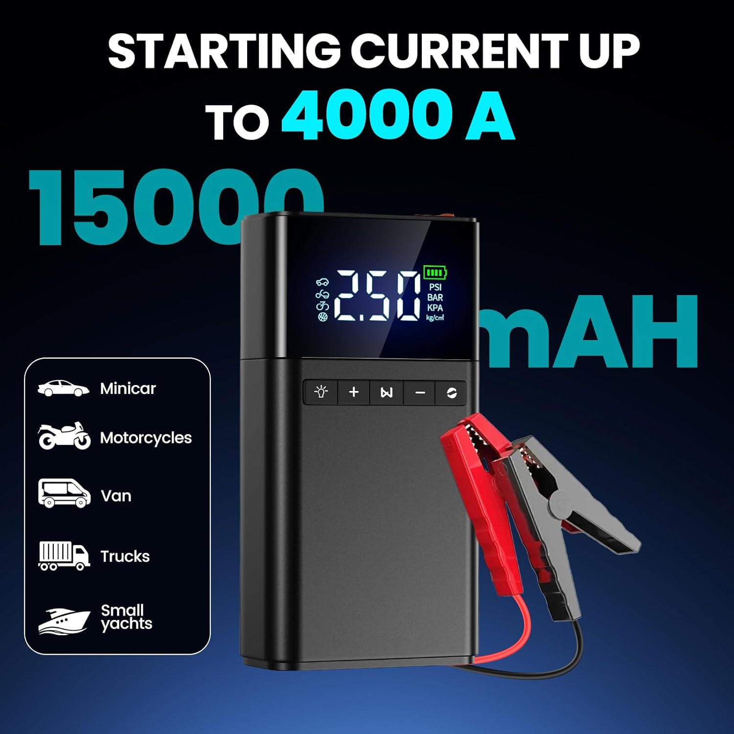 JNNQI 12V 4000A Battery Jump Starter & 150PSI Air Compressor Combo with LED Screen, Universal All-Car Displacement, 3-Mode Emergency LED Light & Safety Protection