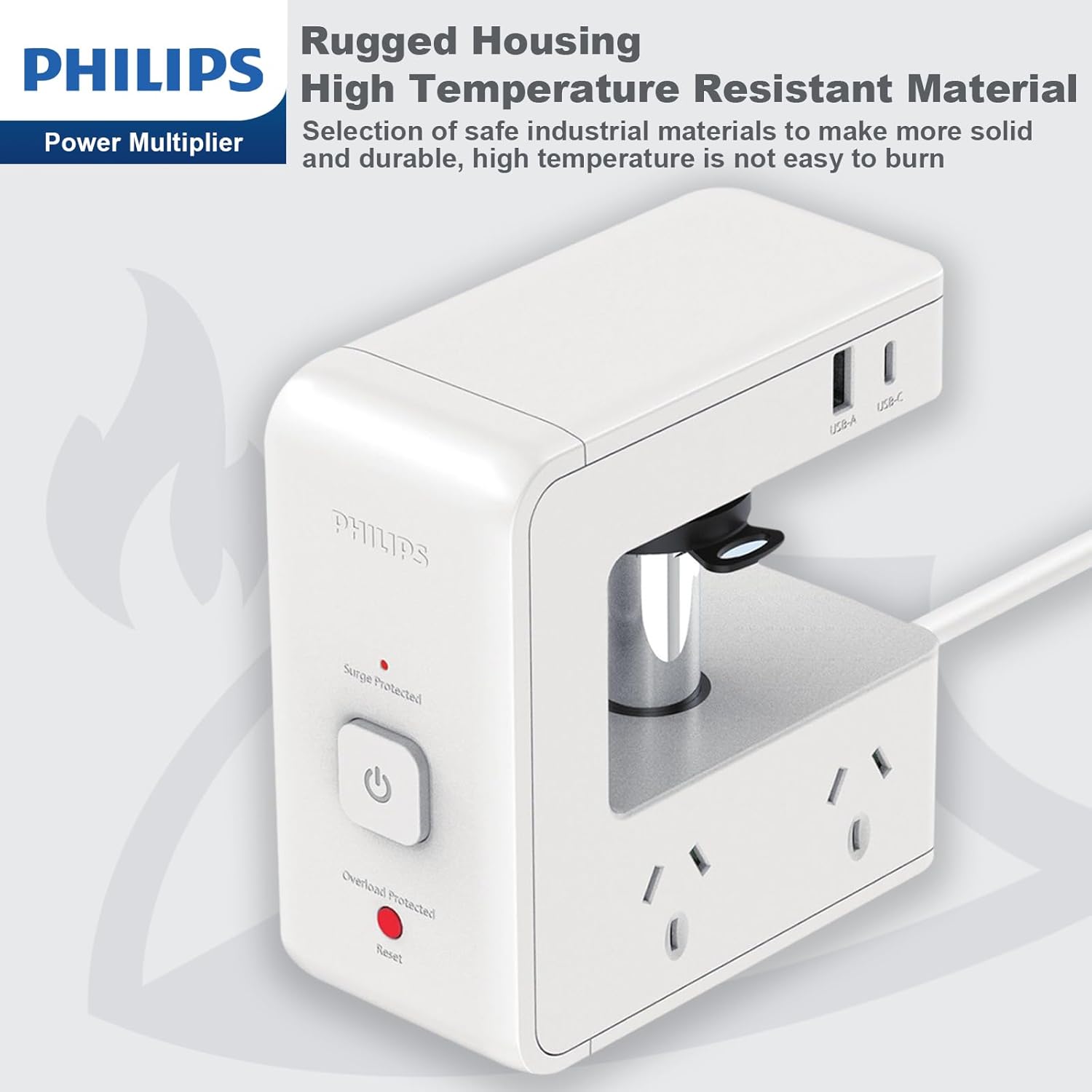 PHILIPS Desk Table Clamp Powerboard, Desktop Edge Mount Charging with 4x10A Outlets + 2xUSB A +2xUSB C (8 Devices), Overload Surge Protector, 1.2m Extension Cord Desktop Power Board with USB C