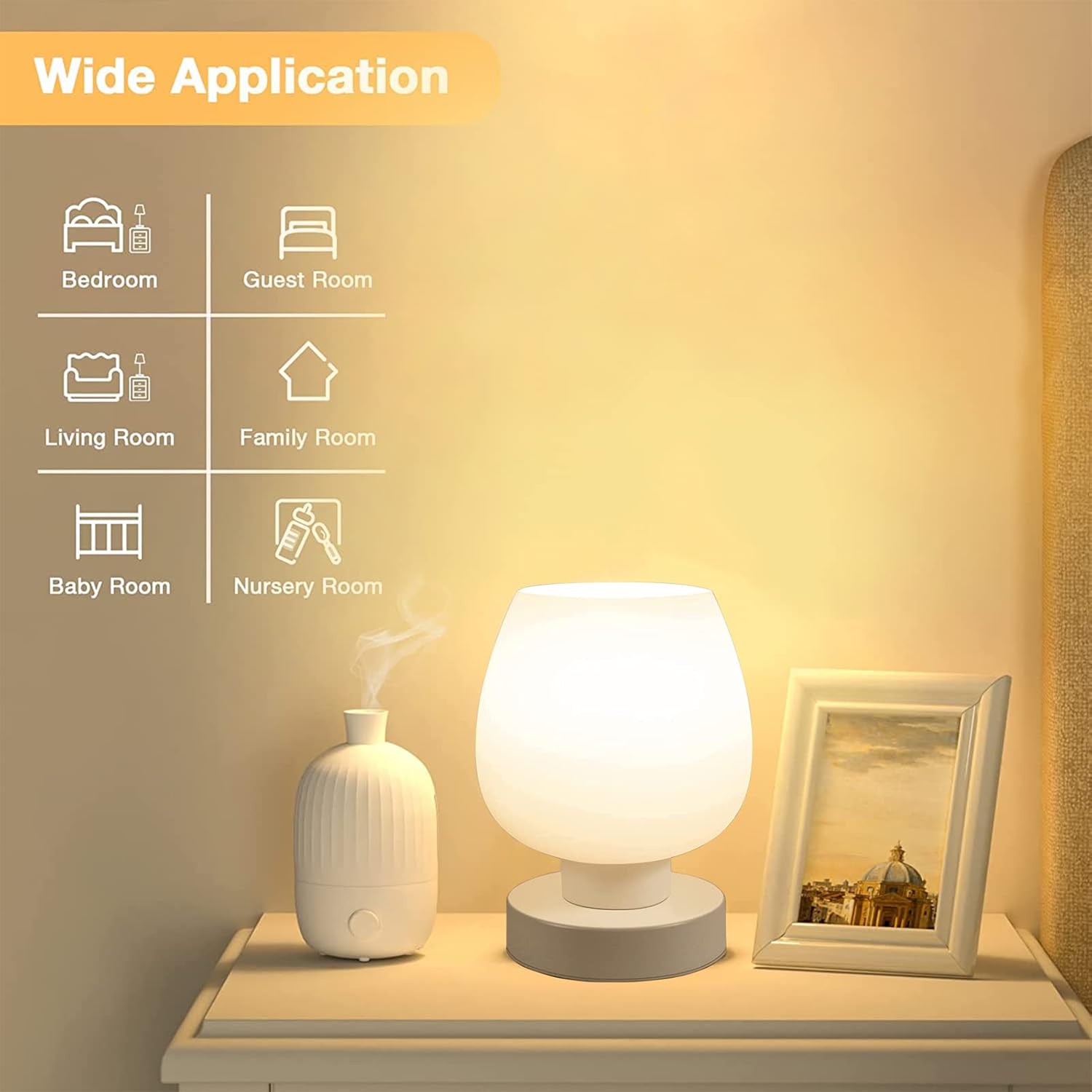 Touch Bedside Table Lamp, 3 Way Dimmable Bedside Lamp with White Opal Glass Lamp Shade, Touch Table Lamp for Bedroom Nightstand, Living Room, Dorm, Home Office