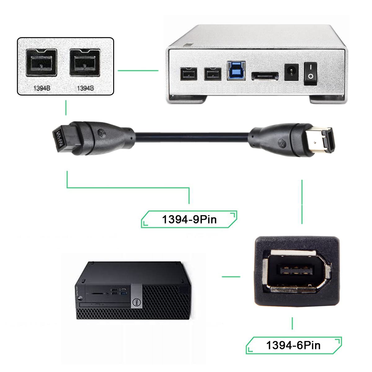 CY IEEE 1394 FireWire 800 (9-Pin) to 6-Pin Cable – 1.8m-4