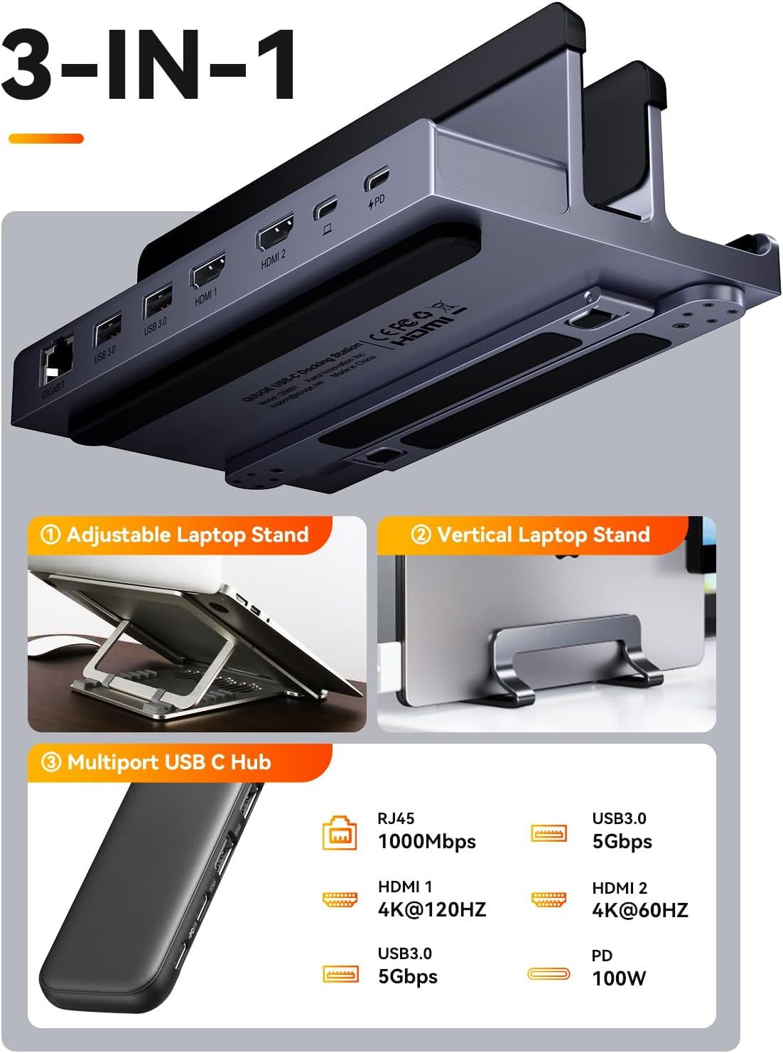 Laptop Docking Station Stand Dual 4K Monitor, QUUGE Dual HDMI Docking Station for Laptop, 2 HDMI (Single 4K@120Hz), 2 USB 3.0 Ports, 100W PD, RJ45 Ethernet