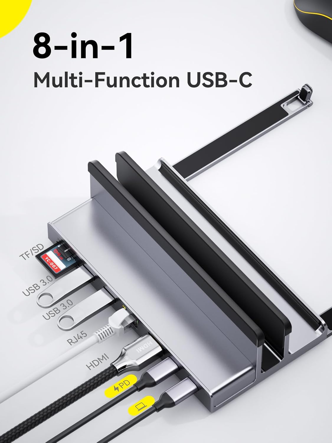 USB C Docking Station Laptop Vertical Stand, QUUGE 8 in 1 USB C Dock with 4K 60Hz HDMI 2.0, 1Gbps Ethernet, 2*USB-A 5Gbps Data Transfer, 100W, TF/SD 3.0