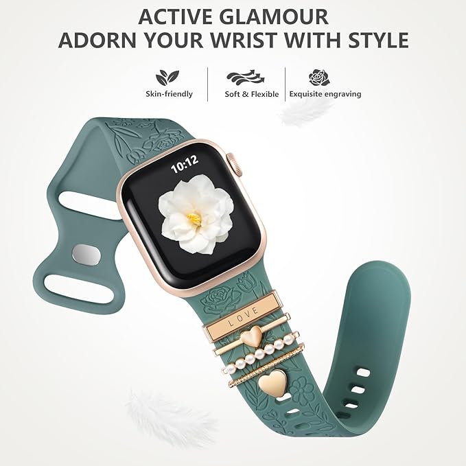 Witzon Flower Engraved Band Compatible with Apple Watch Bands 38mm 40mm 41mm for Women, Soft Silicone Sport Band With Decorative Apple Watch Charms for iWatch Series 9 8 7 6 5 4 3 2 1 SE (With Band)