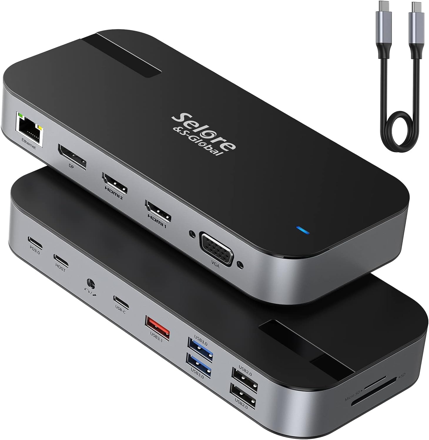 Selore&S-Global 16-in-1 USB-C Laptop Docking Station with Dual HDMI, DisplayPort, VGA, 100W PD & Ethernet
