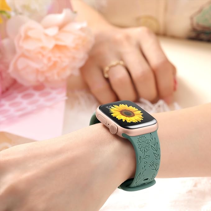 6 Pack Floral Engraved Bands Compatible with Apple Watch Band 40mm 38mm 41mm 42mm 44mm 45mm 49mm Women, Silicone Soft Cute Flower Pattern Strap for iWatch Series Ultra Ultra 2 SE 9 8 7 6 5 4 3 2 1