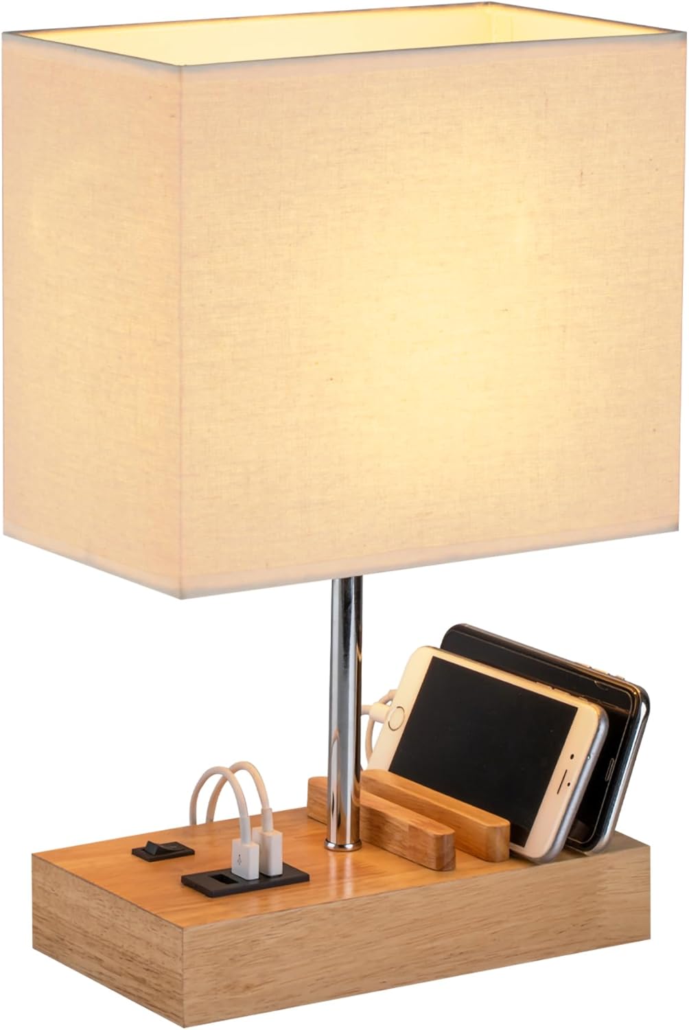 Dreamholder Table Lamp with 3 USB A+C Ports, 3 Phone Stands, Modern USB Bedside Lamp for Bedroom, Livingroom, Office, Nightstand Lamp with Wooden Base & Fabric Shade