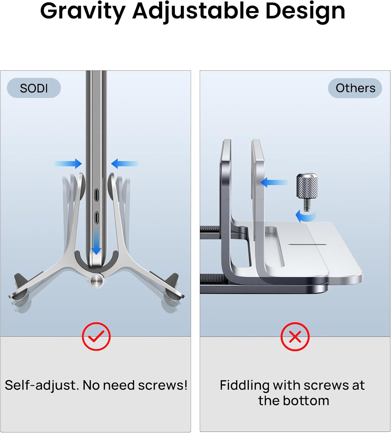 SODI Vertical Laptop Stand for Desk, Gravity Auto Lock Vertical MacBook Stand, Aluminum Laptop Vertical Dock Stand Holder Silver