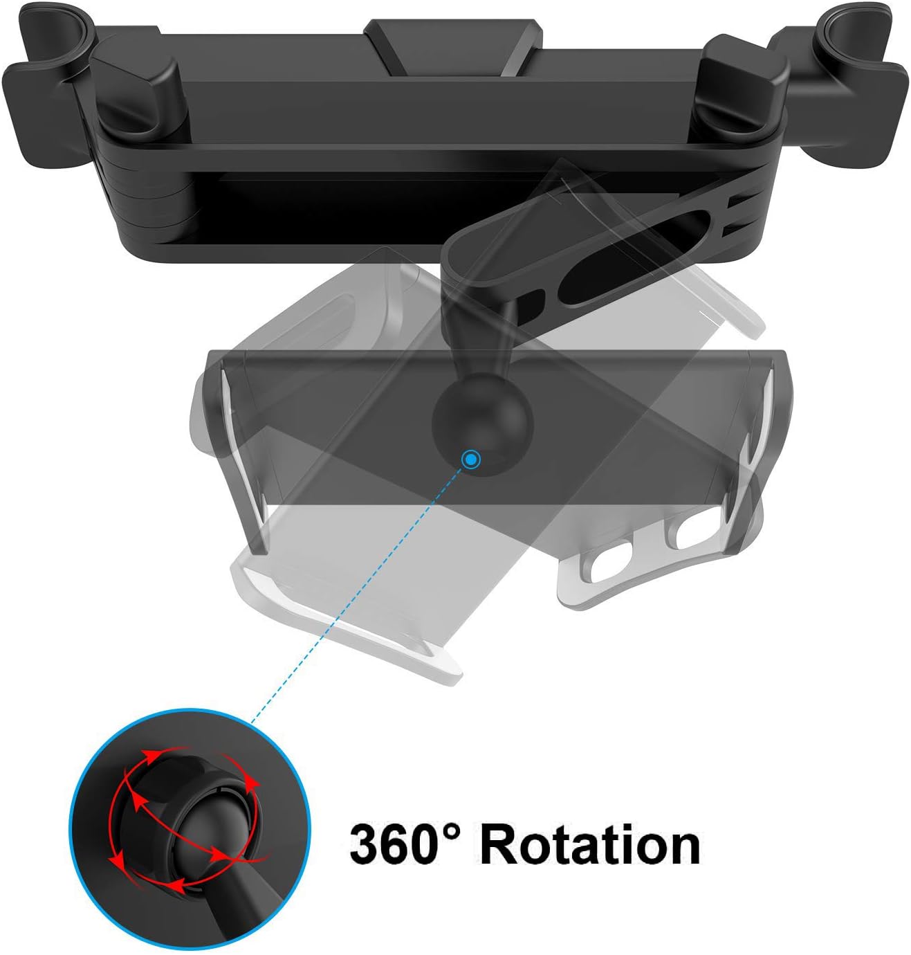 Car Headrest Tablet Mount, Stretchable Ipad Headrest Holder for Car Backseat Universal 360° Rotating Adjustable, Compatible with Phone/Tablet/iPad Mini/Samsung 4"-10.6", Headrest Posts Width 4.7-5.9in