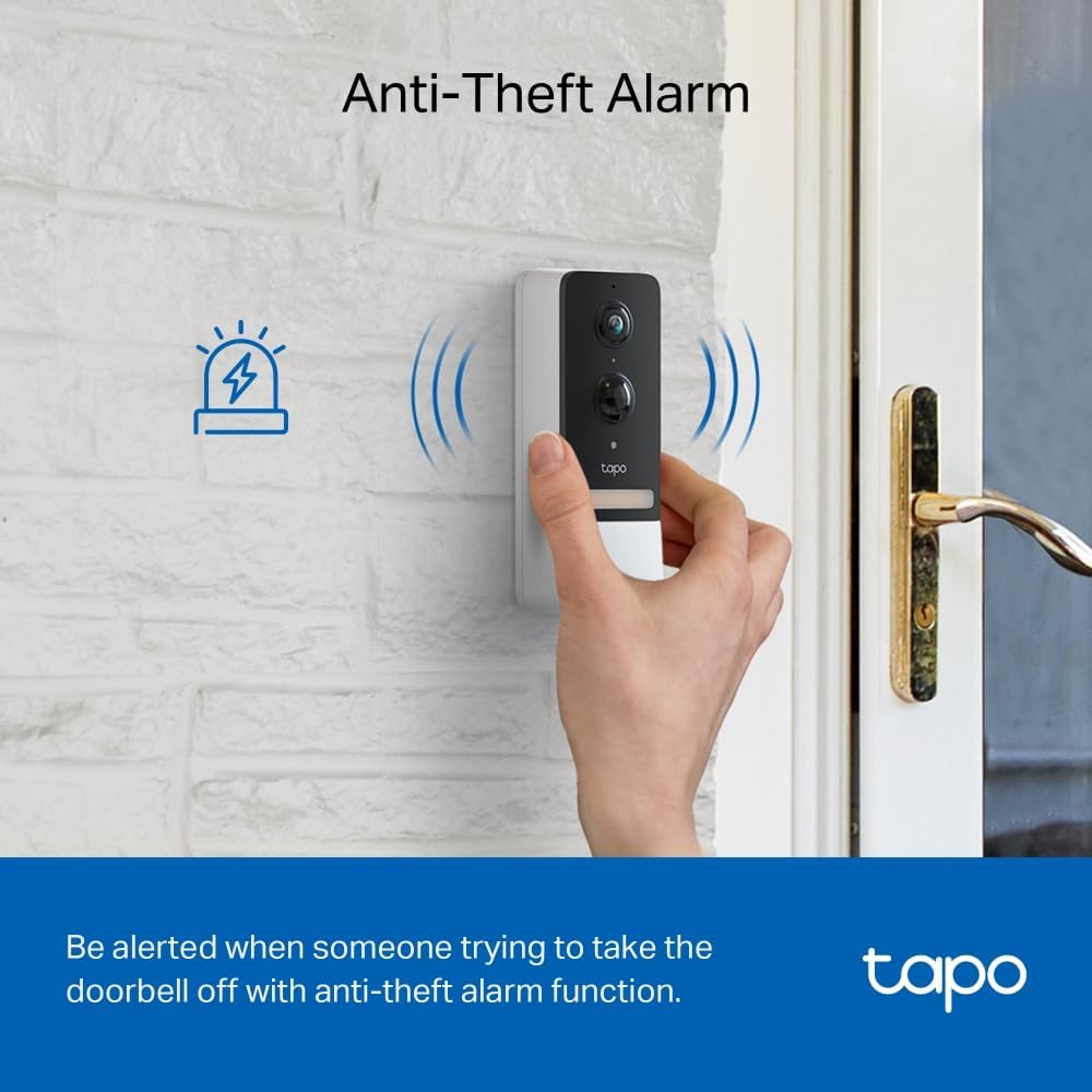 TP-Link Tapo Smart Battery Video Doorbell, Home Security System, 2K 5MP, Colour Night Vision, Flexible, Smart AI Detection, IP64, Anti-theft Alarm, Two-Way Audio, 180-Day Battery Life (Tapo D230S1)