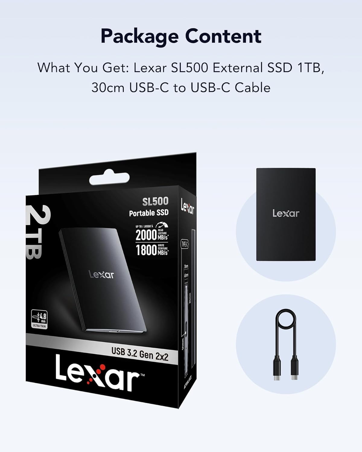 Lexar SL500 External SSD 2TB, USB3.2 Gen2x2 Portable SSD, PSSD up to 2000MB/s Read, 1800MB/s Write, External Solid State Drive for iPhone15 Series/Mac/PS5/XBOX/Laptop/PC (LSL500X002T-RNBNG)
