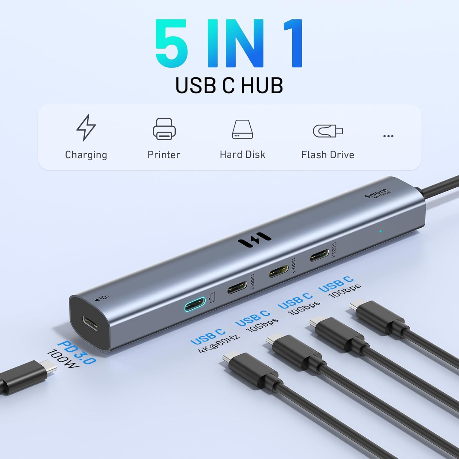 Selore&S-Global 5-in-1 USB-C Hub – 10Gbps Data, 4K@60Hz Video Output, 100W PD Fast Charging