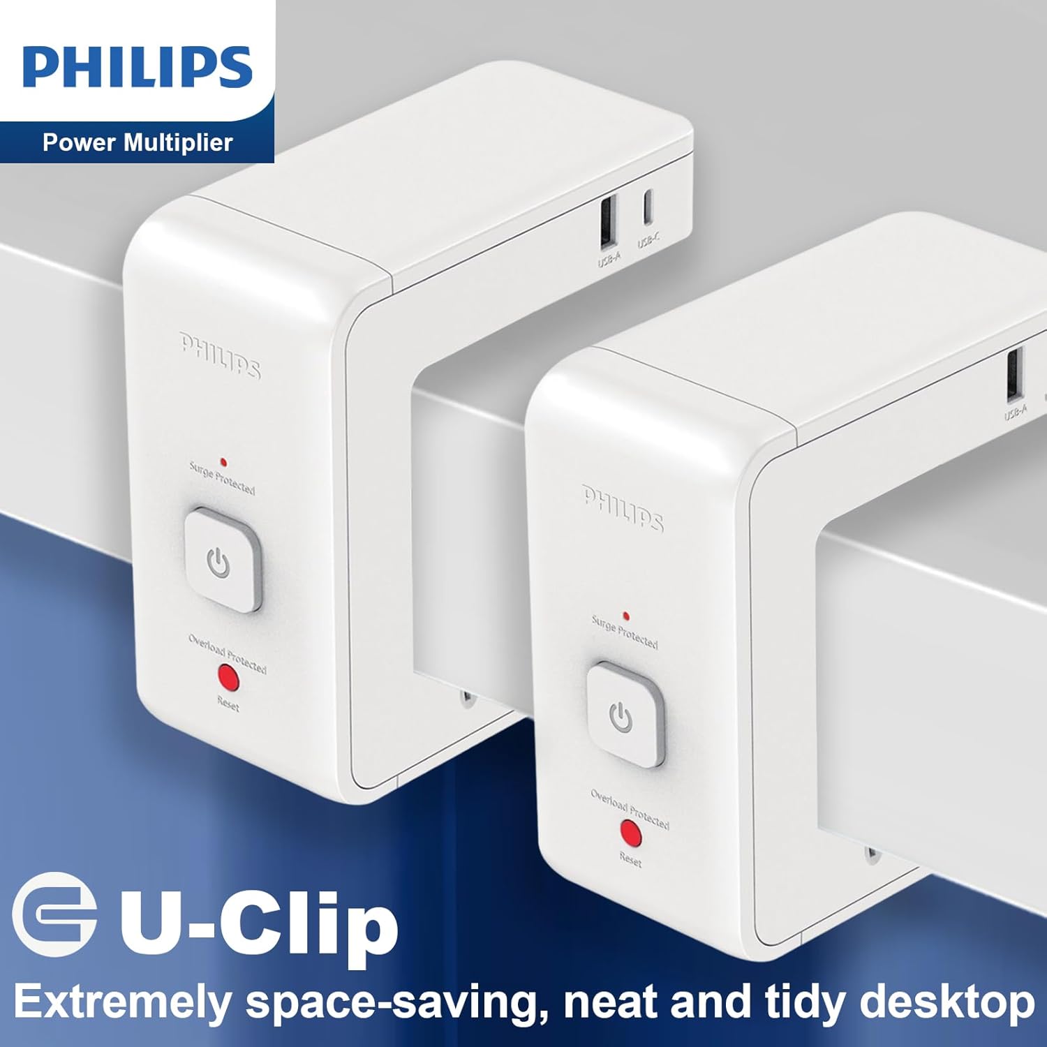 PHILIPS Desk Table Clamp Powerboard, Desktop Edge Mount Charging with 4x10A Outlets + 2xUSB A +2xUSB C (8 Devices), Overload Surge Protector, 1.2m Extension Cord Desktop Power Board with USB C