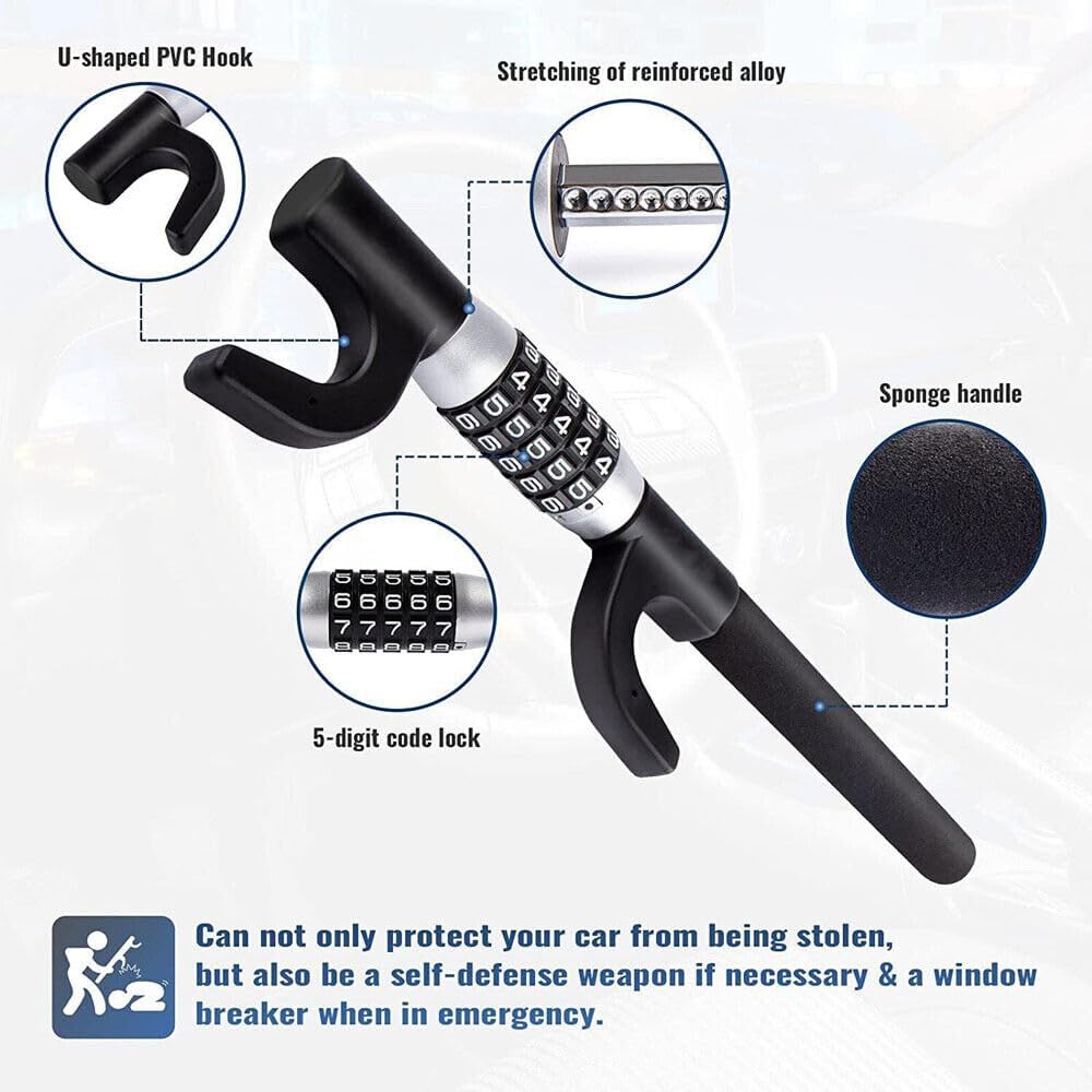 Steering Wheel Lock, Heavy Duty Keyless Password Anti-Theft Lock, Retractable Car Security Lock for Vehicle Truck SUV Van