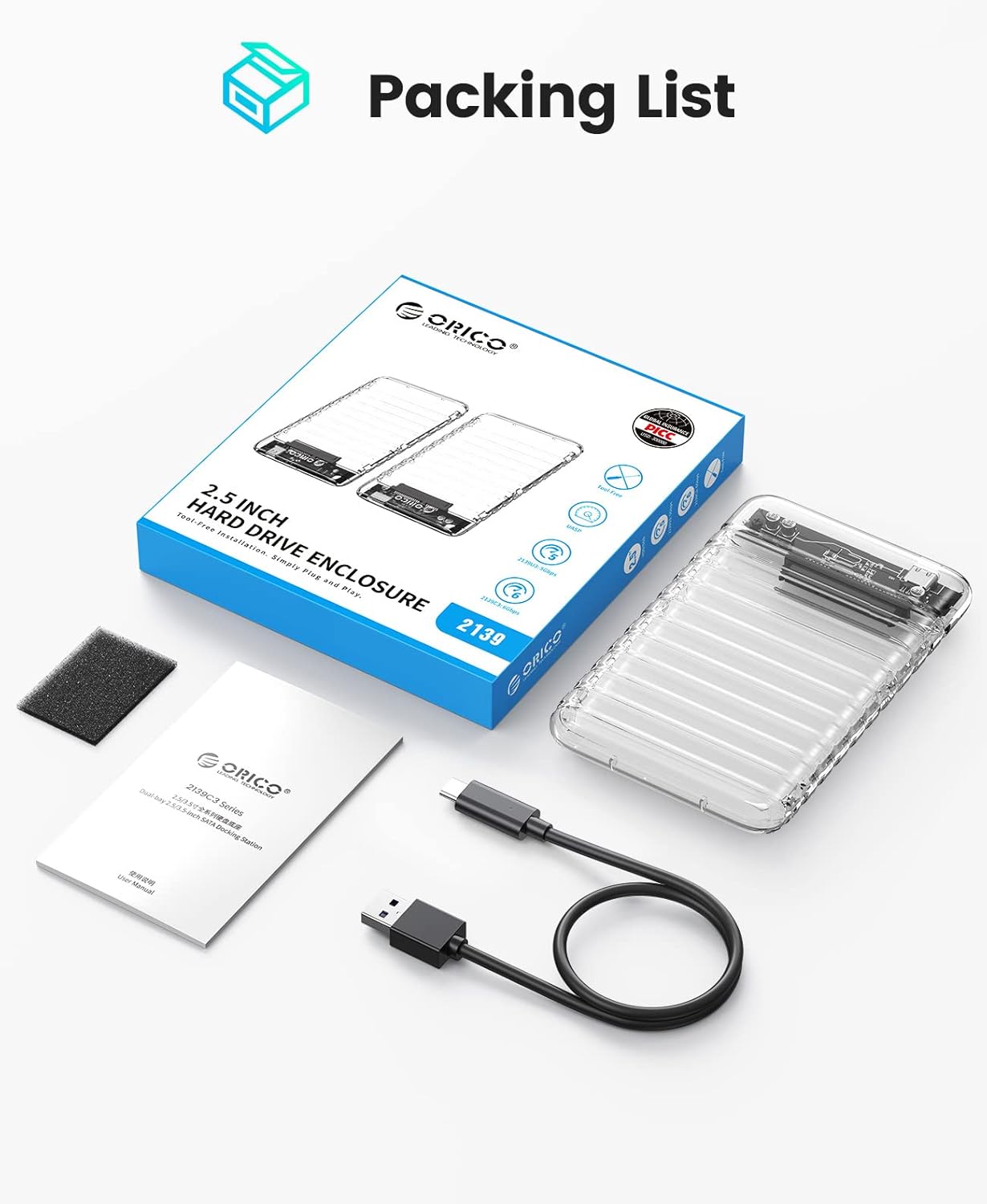 ORICO 2.5" Transparent USB-C Hard Drive Enclosure — 2139C3