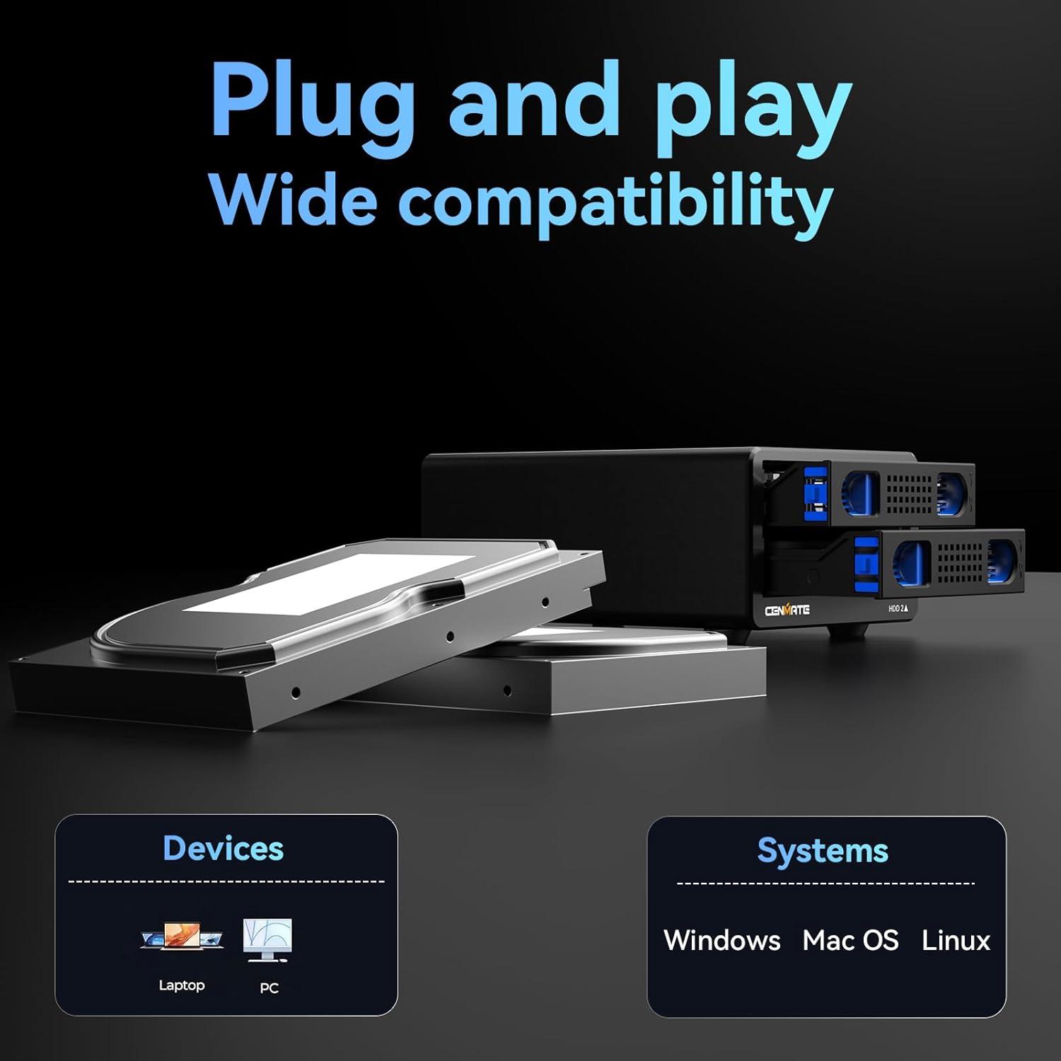 CENMATE Dual-Bay Hard Drive Enclosure — USB 3.0, Aluminum with Silent Cooling Fan