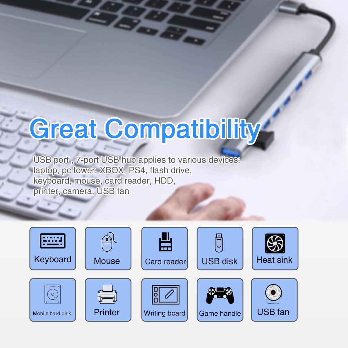 USB Hub for Laptop,7 Port USB 3.0 Hub, USB Hub,USB Splitter USB Extender with Applicable for Laptop,XPS iMac Pro MacBook Air Mac Mini/Pro, Surface Pro Notebook PC PS4,Aluminum(7 Port USB1)