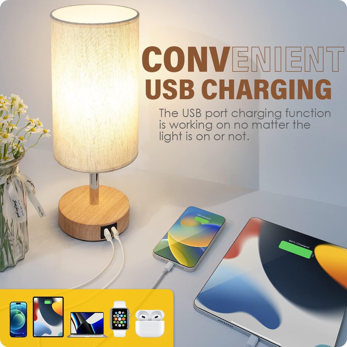 Bedside Lamps with USB Port - Touch Control Table Lamp for Bedroom Wood 3 Way Dimmable Nightstand Lamp Set of 2 with Round Flaxen Fabric Shade for Living Room, Dorm, Home Office (2 Pack)