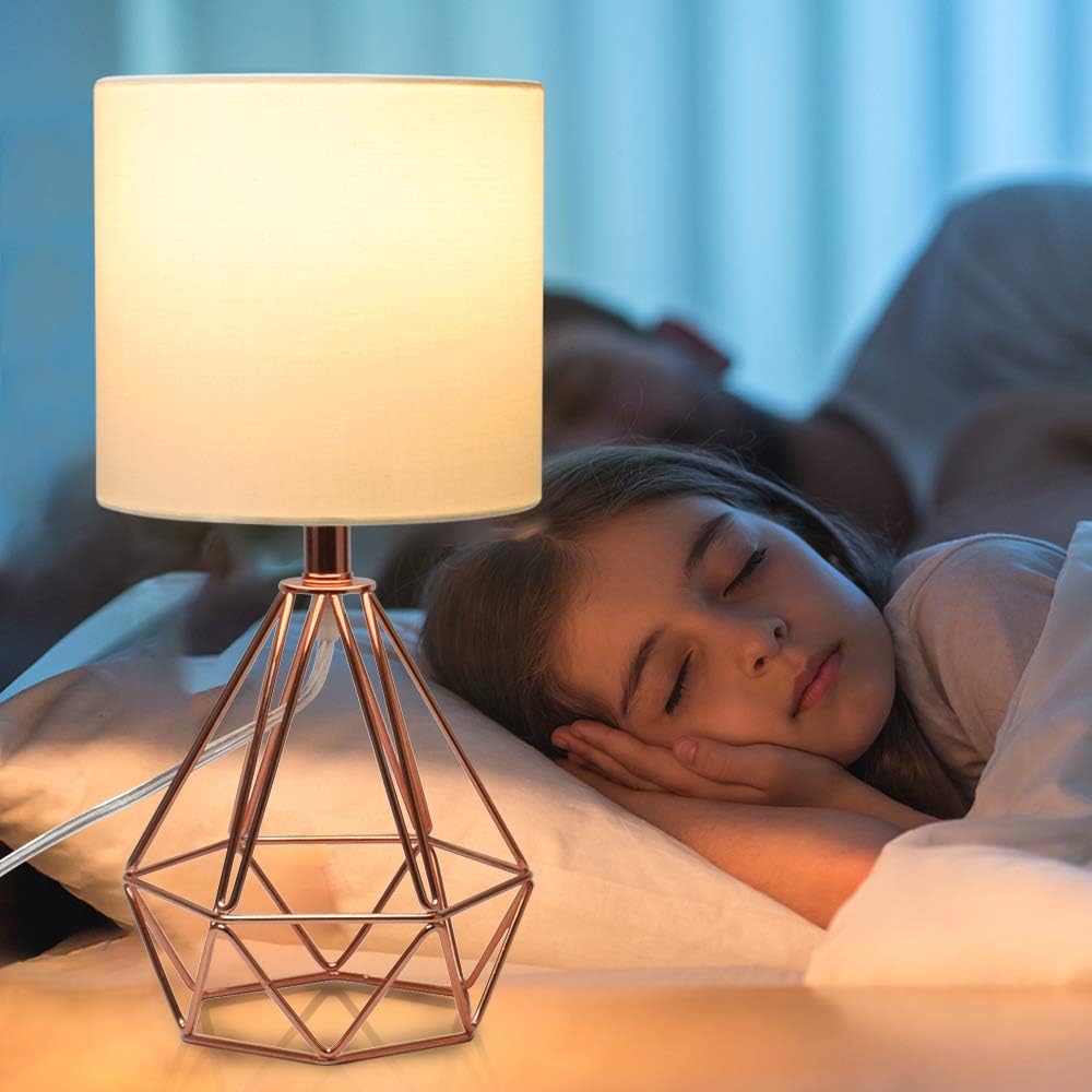 Depuley 5W Bedside Table Lamp, Modern Desk Lamp with Diamond Metal Wire Cage Base and Fabric Lampshade, Bedside Nightstand Reading Lamps for Bedroom, Living Rooms, Office, Cafe (E27 Bulb Included)