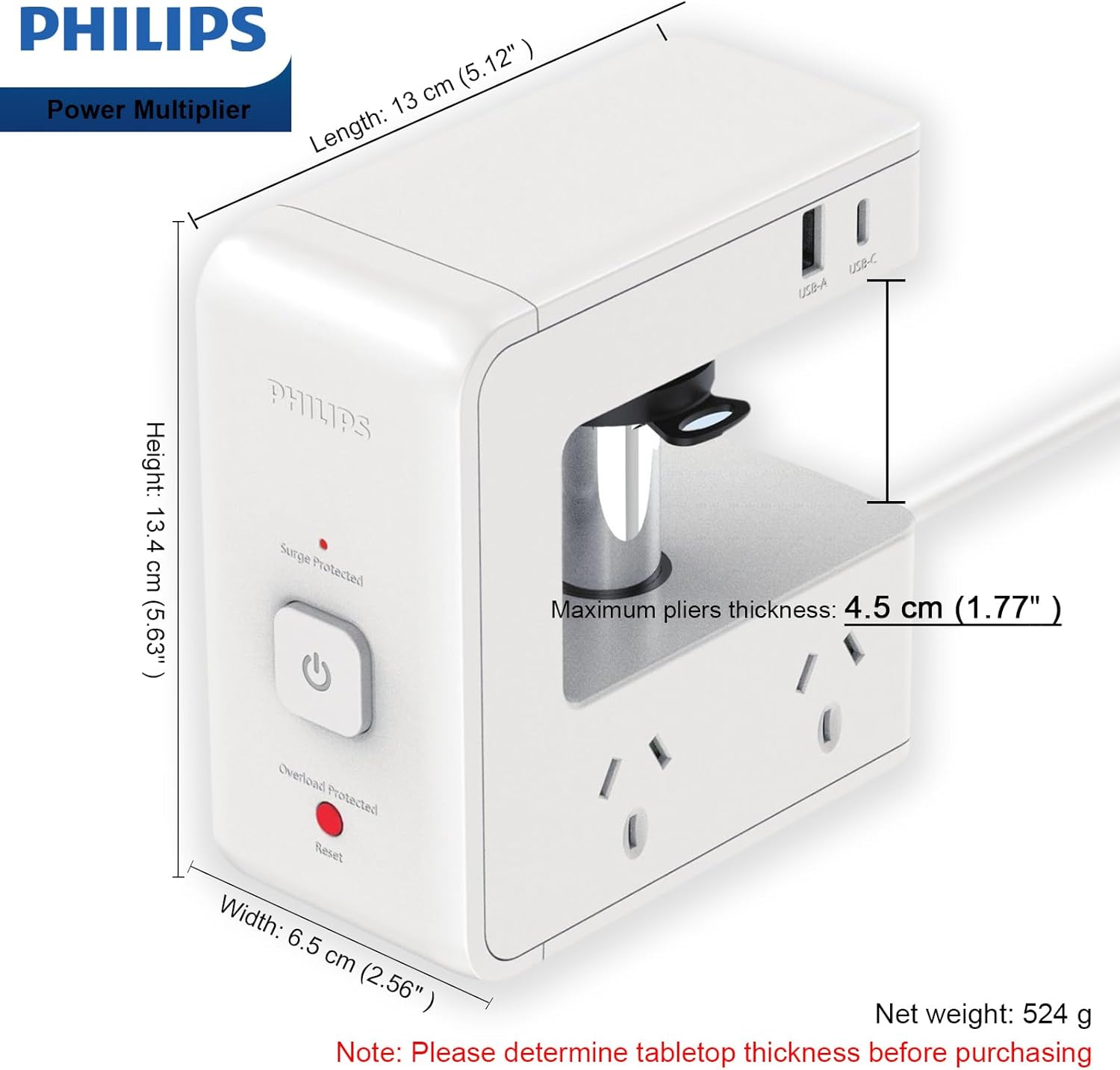 PHILIPS Desk Table Clamp Powerboard, Desktop Edge Mount Charging with 4x10A Outlets + 2xUSB A +2xUSB C (8 Devices), Overload Surge Protector, 1.2m Extension Cord Desktop Power Board with USB C