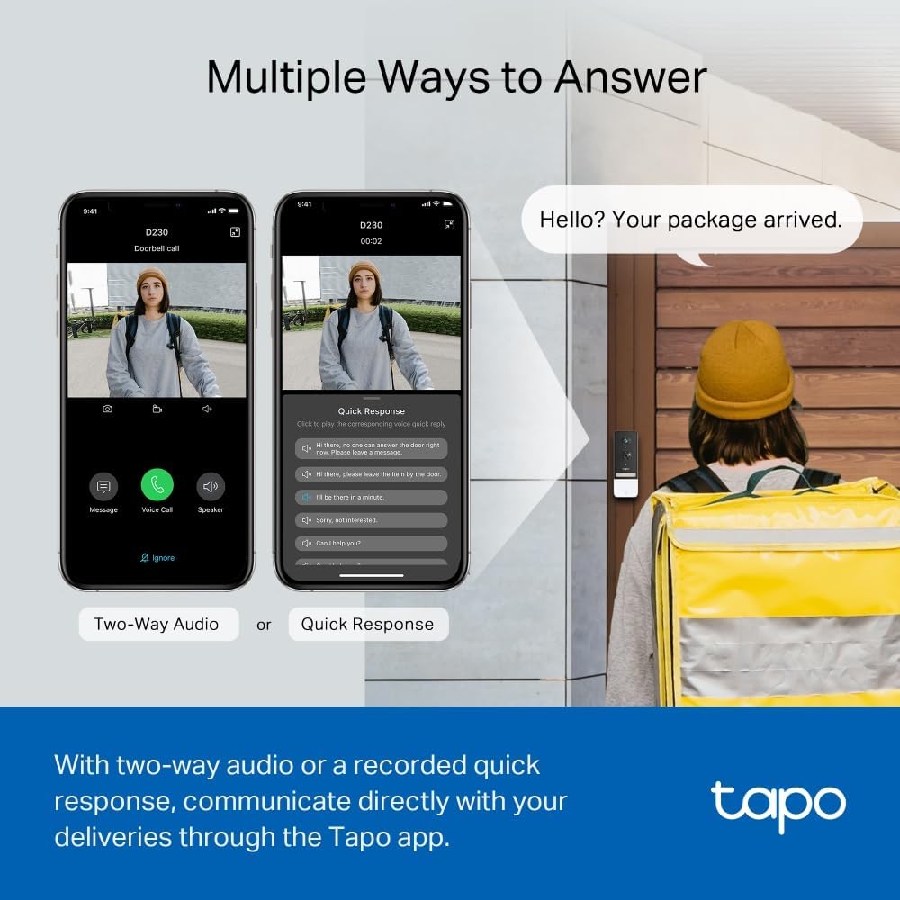 TP-Link Tapo Smart Battery Video Doorbell, Home Security System, 2K 5MP, Colour Night Vision, Flexible, Smart AI Detection, IP64, Anti-theft Alarm, Two-Way Audio, 180-Day Battery Life (Tapo D230S1)