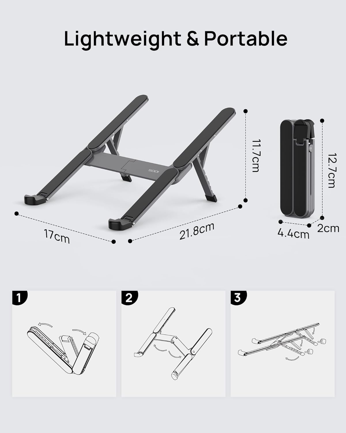 SODI Adjustable Laptop Holder for Desk, Foldable Laptop Stand Riser, Portable Laptop Holder, Notebook Stand for 10-15.6” Laptops, Black