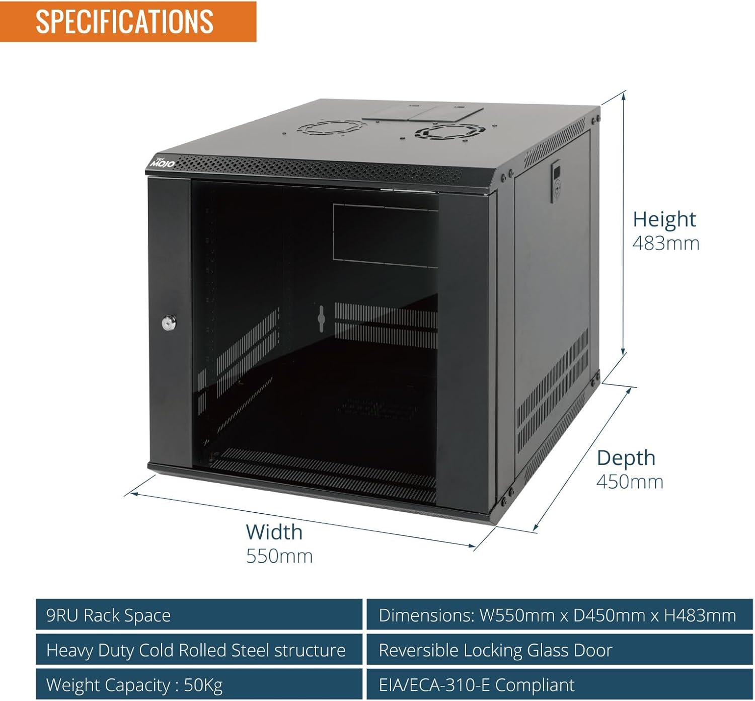 Tecmojo 9RU Wall Mount Network Cabinet – 450mm Deep, Lockable Glass Door, 50kg Load - Black