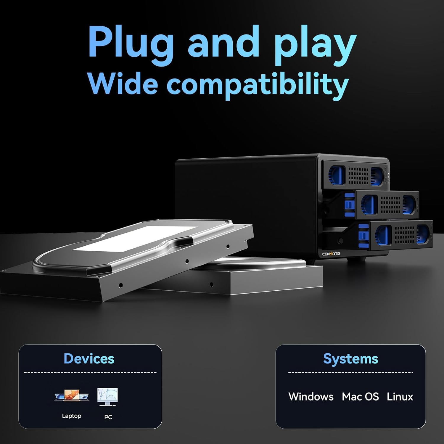 CENMATE 3-Bay Hard Drive Enclosure — USB 3.0, Aluminum with Cooling Fan