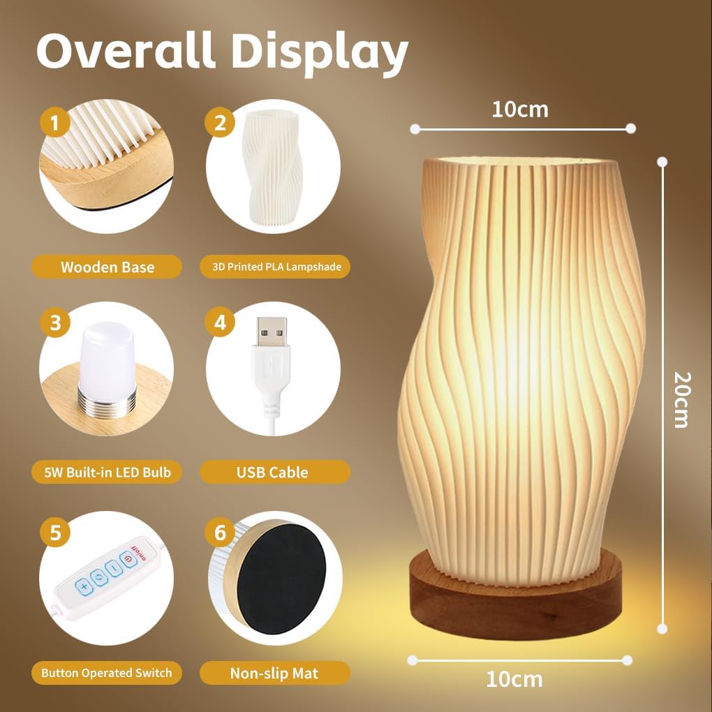 Clora Table Bedside Lamp Small LED Night Light Woodbase Button Control Atmosphere Dimmable Minimalist Nightstand Desk Lamps PLA Lampshade Living Room,Lounge,Bedroom, Kids Room,College Dorm, Home