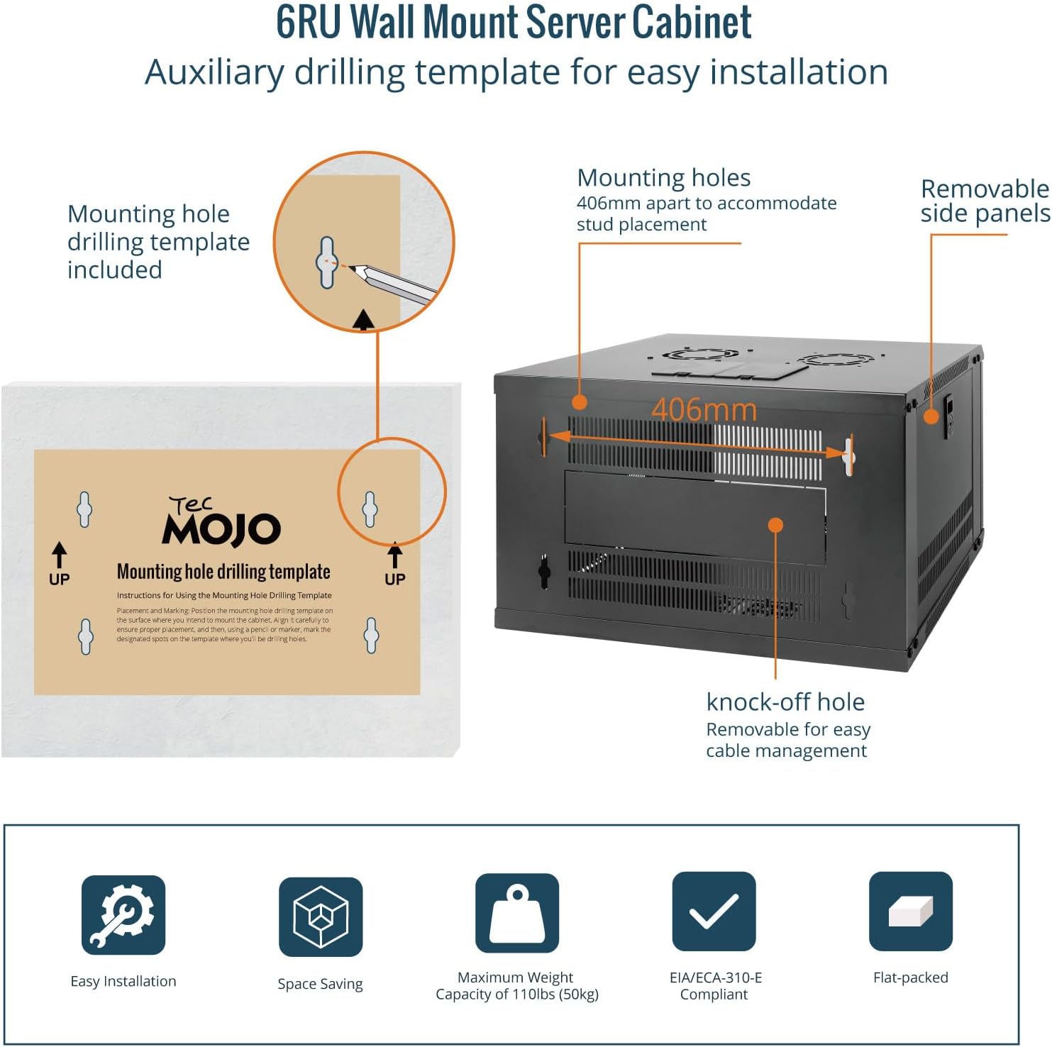 Tecmojo 6RU Wall Mount Network Cabinet – 450mm Deep, Lockable Glass Door, 50kg Load - Black
