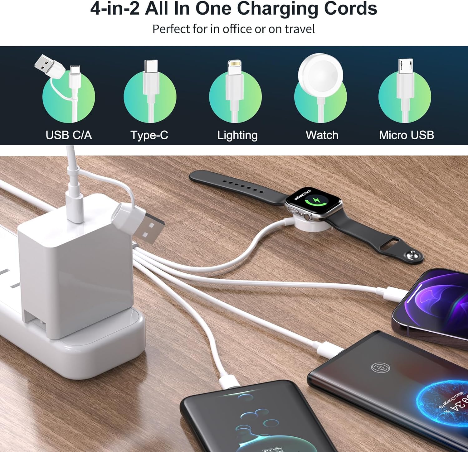 Gaya 4-in-2 Multi Charging Cable with Apple Watch Charger — White