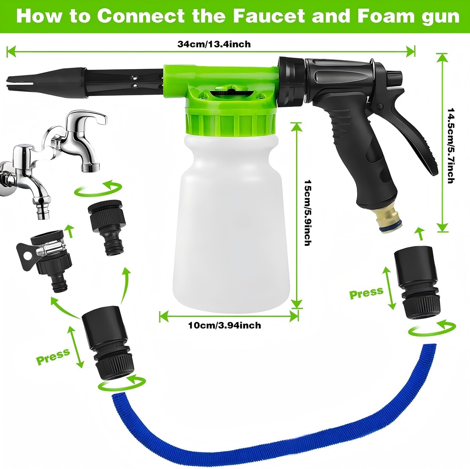 Car Wash Foam Gun, Snow Foam Gun Sprayer with 3/8" Brass Connector & 1L Bottle, Nozzles, Wash Mitt, Car Accessories for Men - Snow Foam Cannon Cleaner - Wash Kit for Washing Home Garden Watering Green
