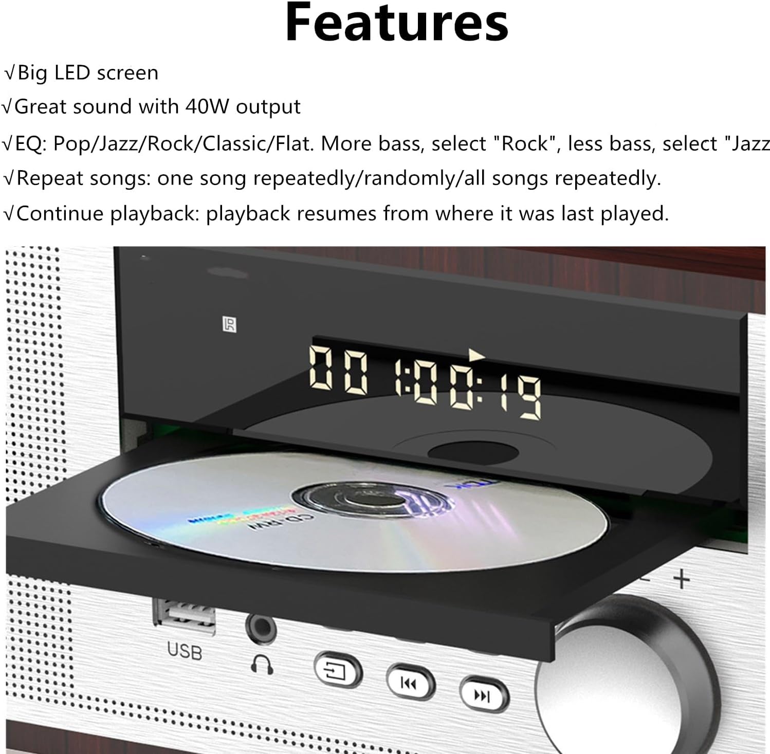 Vintage Micro HiFi System CD Player – 40W Stereo Mini Component with FM, Bluetooth, USB, AUX & Remote (Silver/Wood)