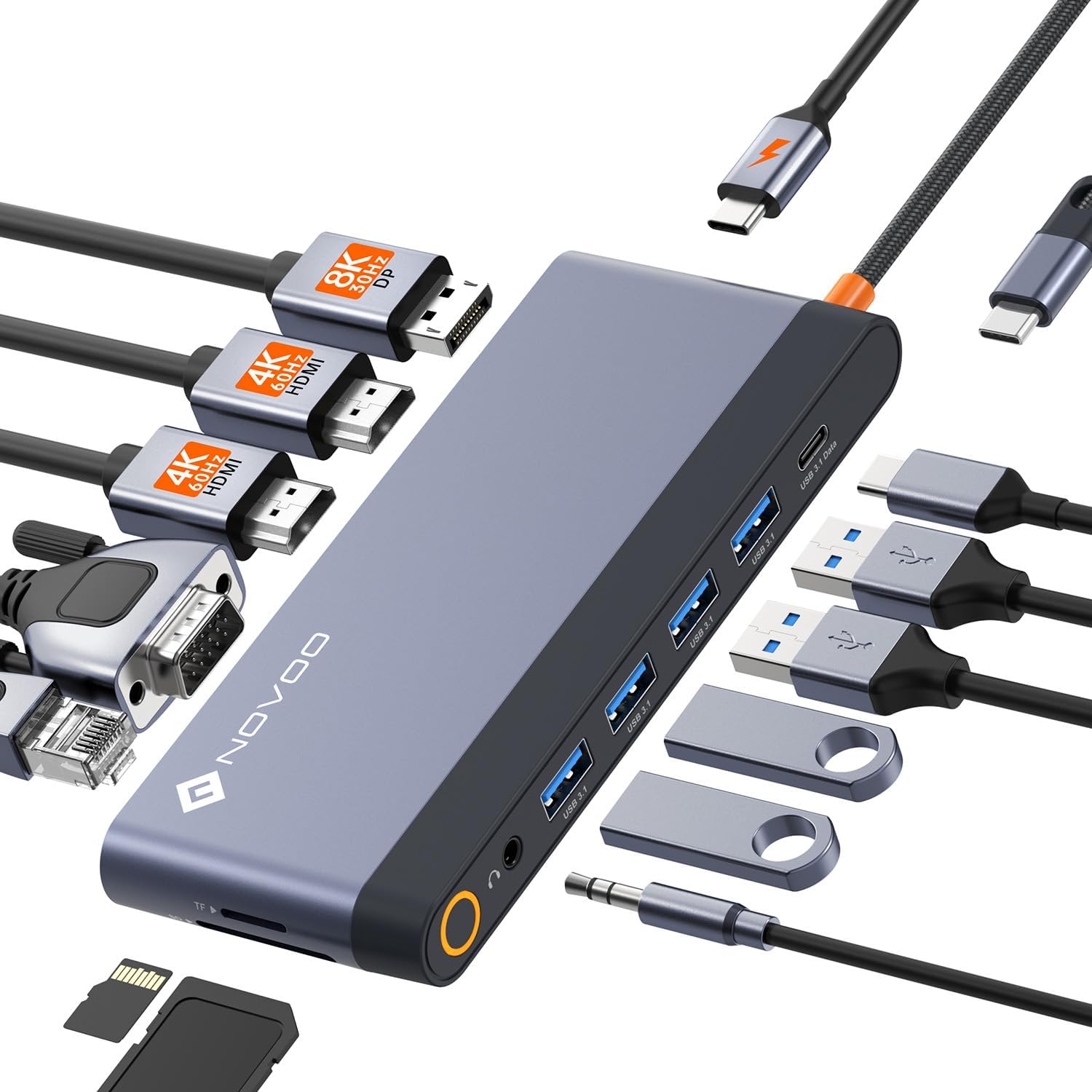 NOVOO 14-in-1 USB C Docking Station – Quad Display Dock with 8K DP, Dual 4K HDMI, VGA, 100W PD