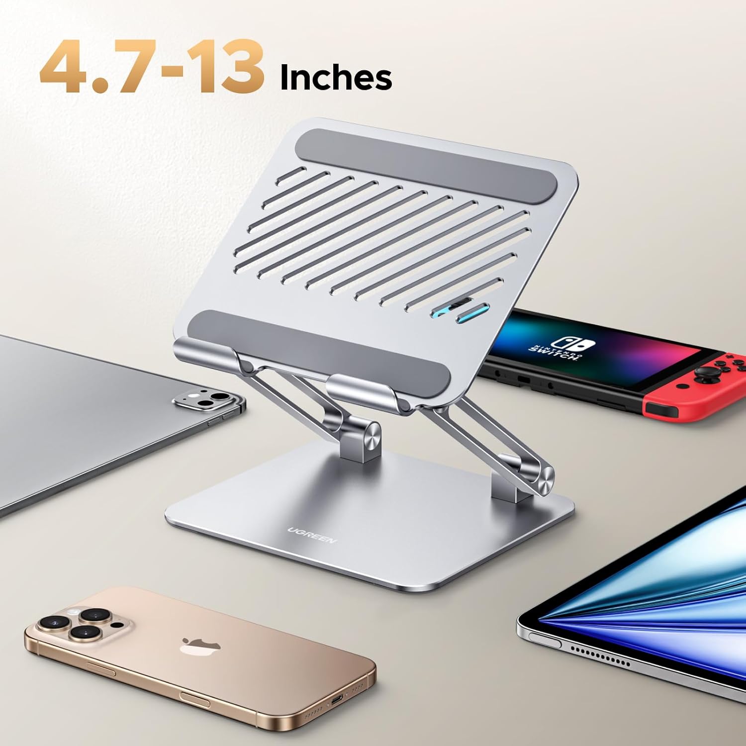 UGREEN Tablet Stand Holder for Desk, Dual Rod Support Aluminum Desktop Mount, Adjustable Foldable Dock, Multi-Angle Riser, Compatible with iPad Pro Air Mini, Silver