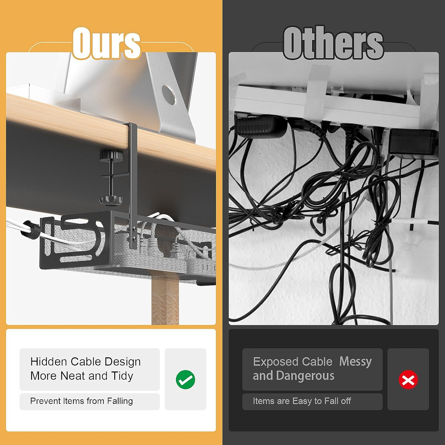 Under Desk Cable Management Tray — No Drill (Black)