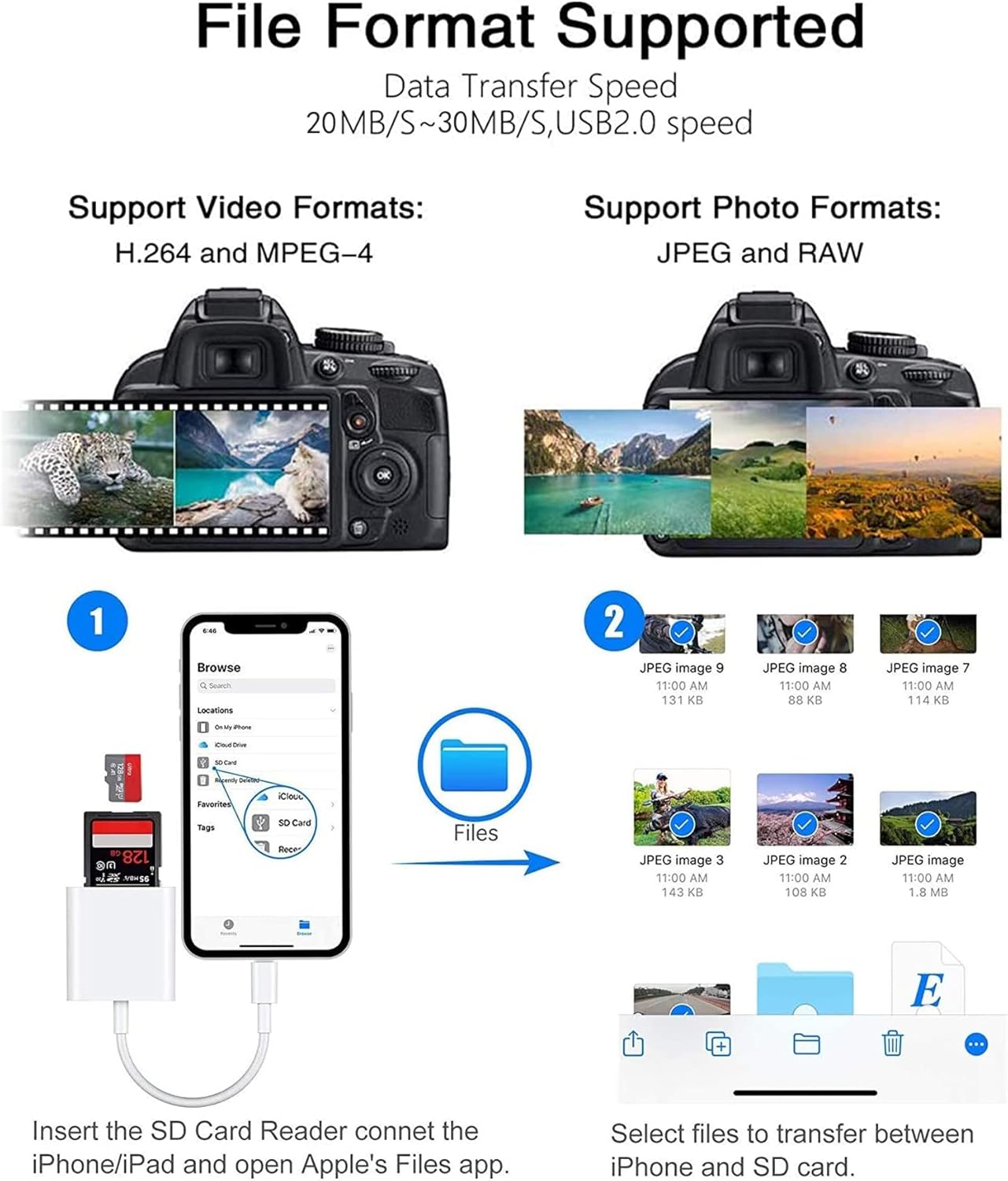 Apple Lightning to SD & TF Card Dual Slot Reader for iPhone/iPad, 2 in 1 Micro SD TF Trail Camera Viewer Memory Card Adapter, Plug and Play.
