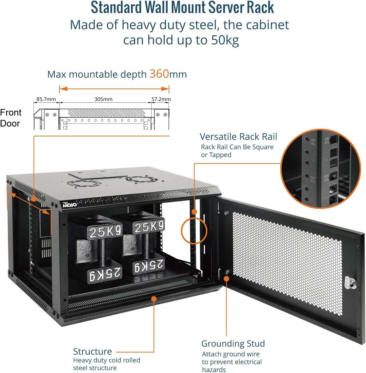Tecmojo 6RU Wall Mount Network Cabinet – 450mm Deep, Lockable Mesh Door, 50kg Load - Black