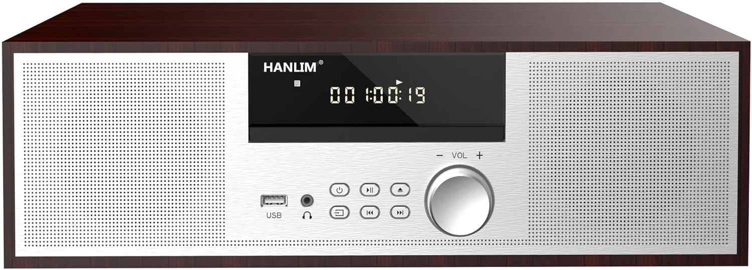 Vintage Micro HiFi System CD Player – 40W Stereo Mini Component with FM, Bluetooth, USB, AUX & Remote (Silver/Wood)