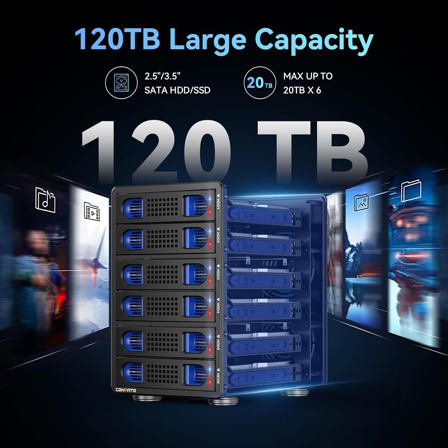 CENMATE 6-Bay Hard Drive Enclosure — USB 3.0, Aluminum with Cooling Fan