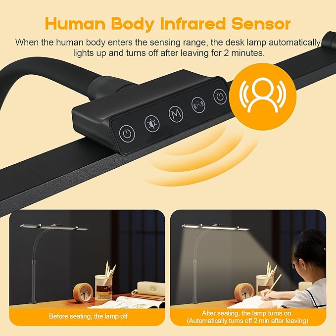 Anyuainiya LED Desk Lamp with Clamp, Architect Desk Lamp for Home Office with Atmosphere Lighting, 24W Ultra Bright Human Body Sensor Dimmable Computer Table Light Rotatable Office Lamp with Base