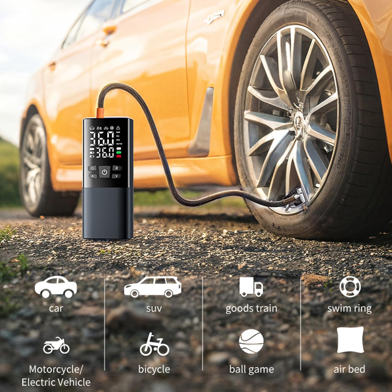Tyre Inflator Portable Air Compressor 3-150 PSI Car Tyre Electric Air Pump 6000mAh Power Bank Tire Inflator with Digital Pressure Gauge LED Light Car Accessories for Bike Motorbike Basketball