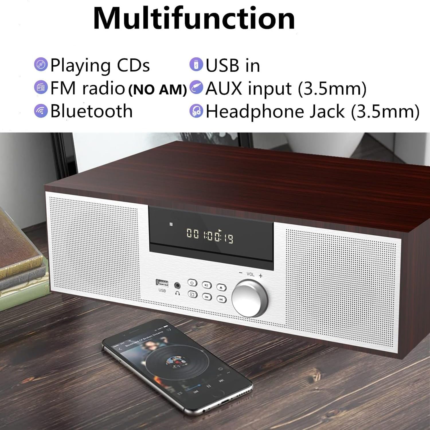 Vintage Micro HiFi System CD Player – 40W Stereo Mini Component with FM, Bluetooth, USB, AUX & Remote (Silver/Wood)