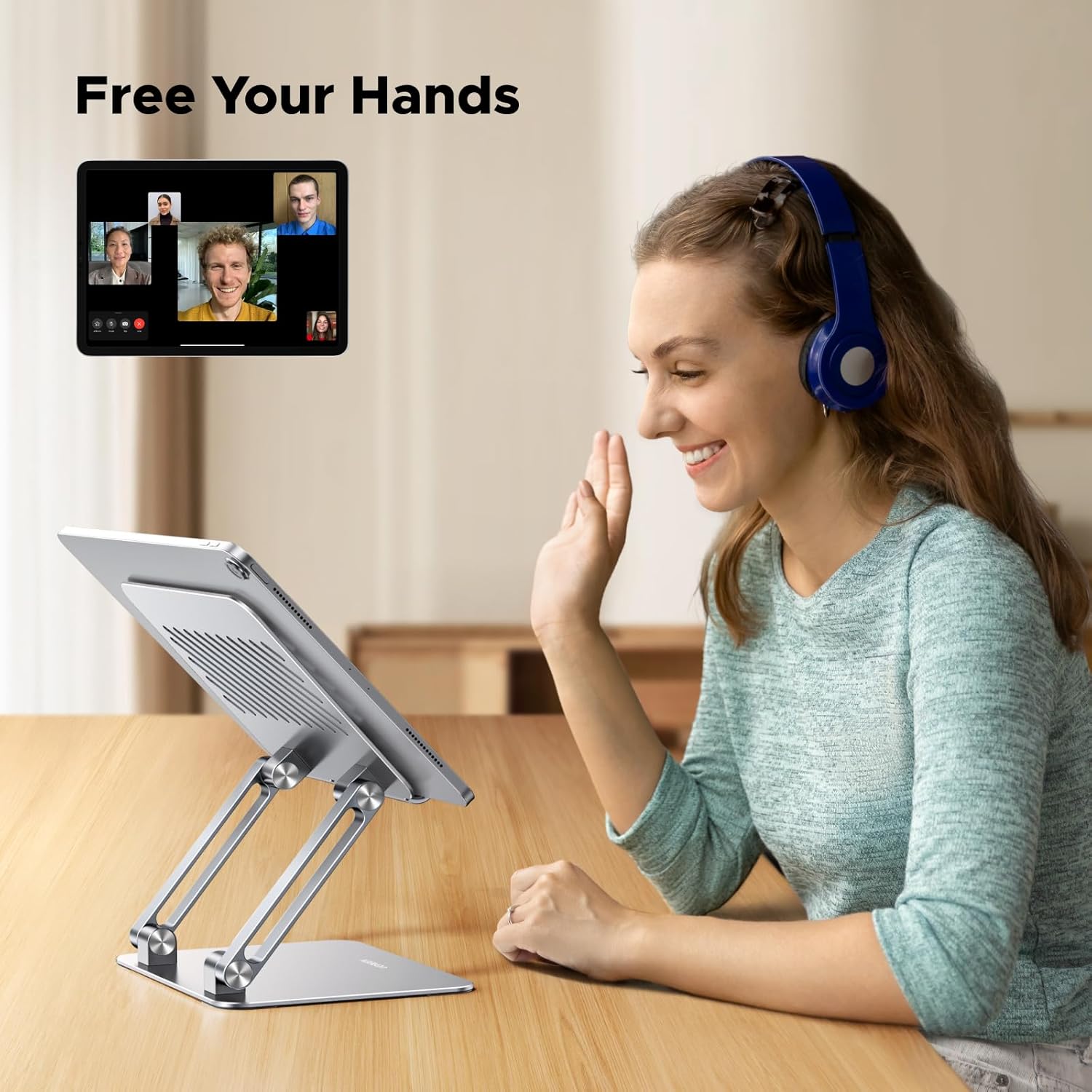UGREEN Tablet Stand Holder for Desk, Dual Rod Support Aluminum Desktop Mount, Adjustable Foldable Dock, Multi-Angle Riser, Compatible with iPad Pro Air Mini, Silver